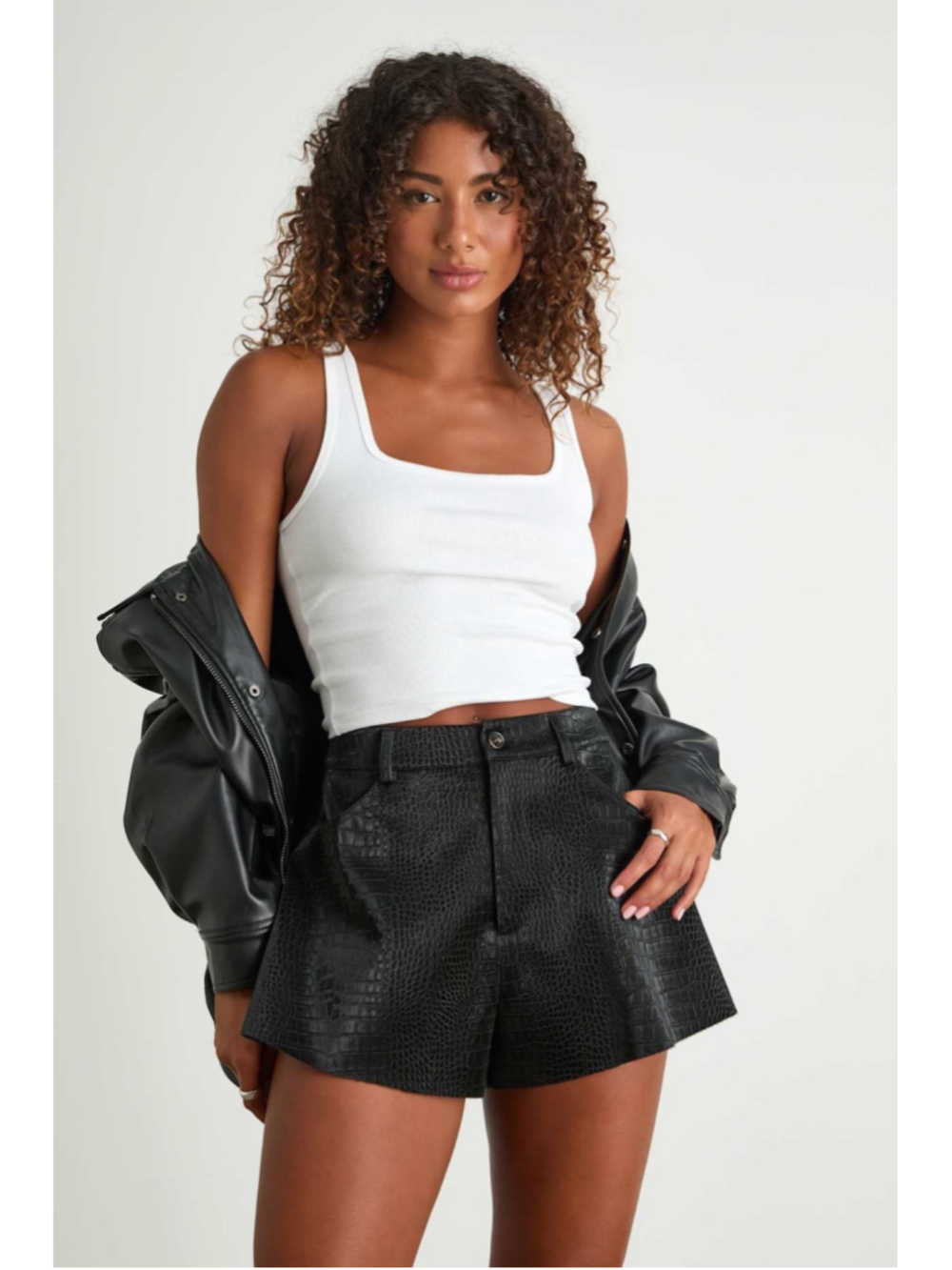 NWT Lulus Yvaine Black Vegan Leather Crocodile-Embossed Shorts